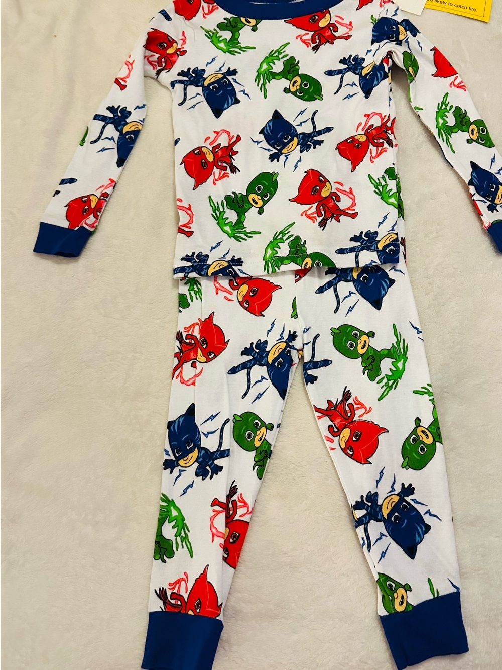 Kids Superhero Character Print Pajama Set - White with Red, Green & Blue